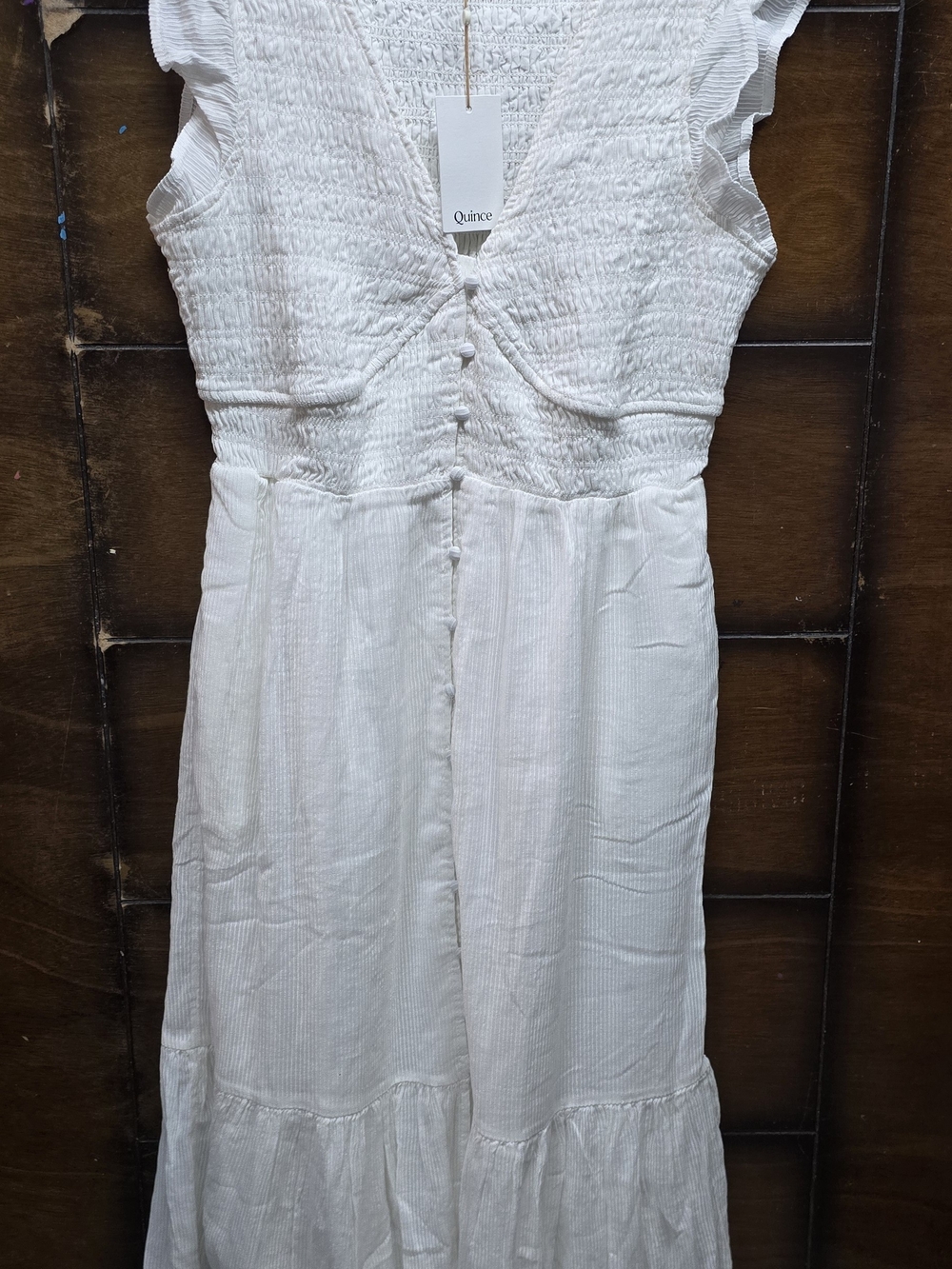 Quince White Smocked Maxi Dress with Button Front Small Nwt
